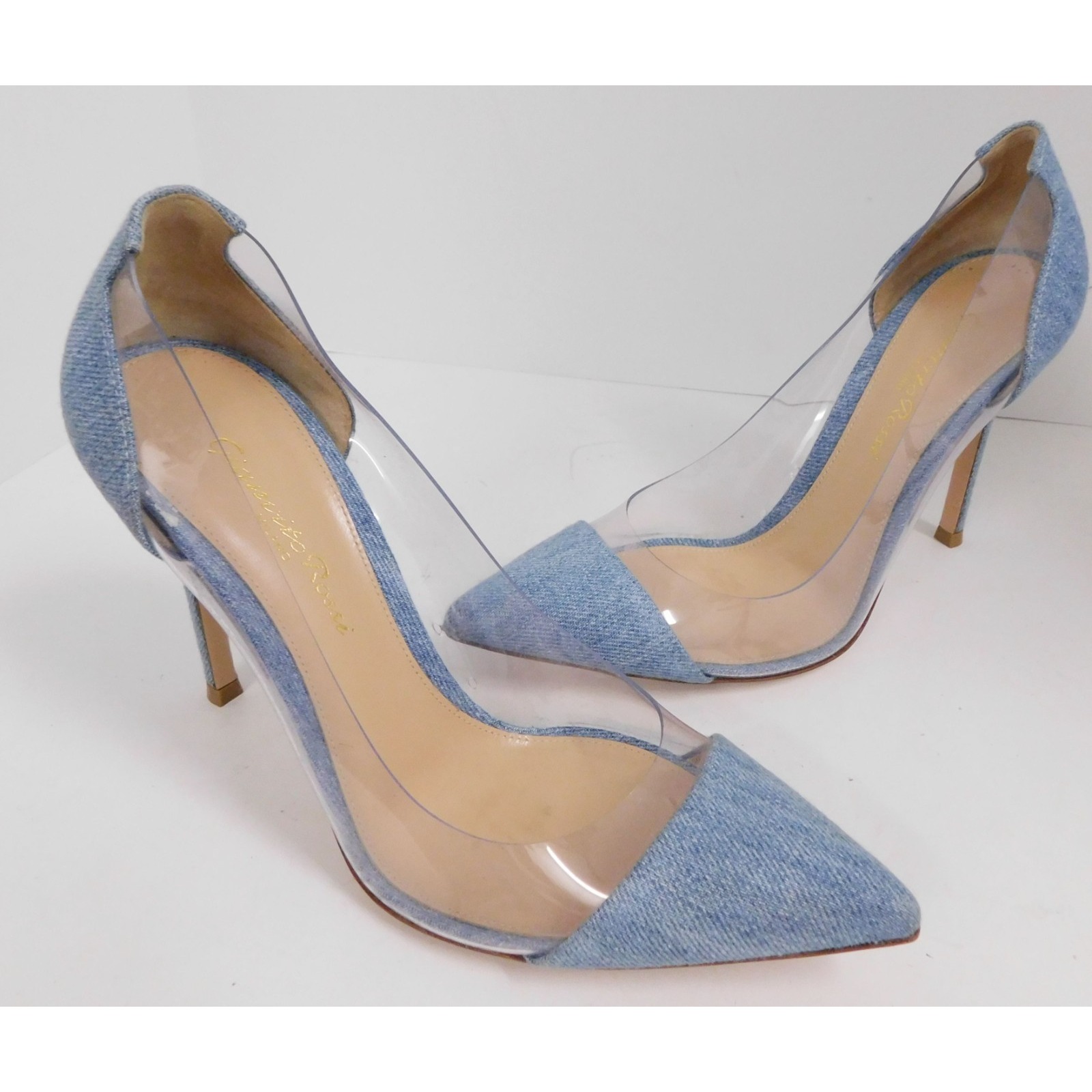 Gianvito Rossi Blue Denim Pvc And Velvet Plexi Pumps $810rt Size 36